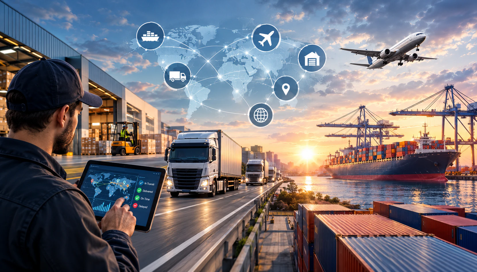 Freight network: trucks, warehouse, port and air freight